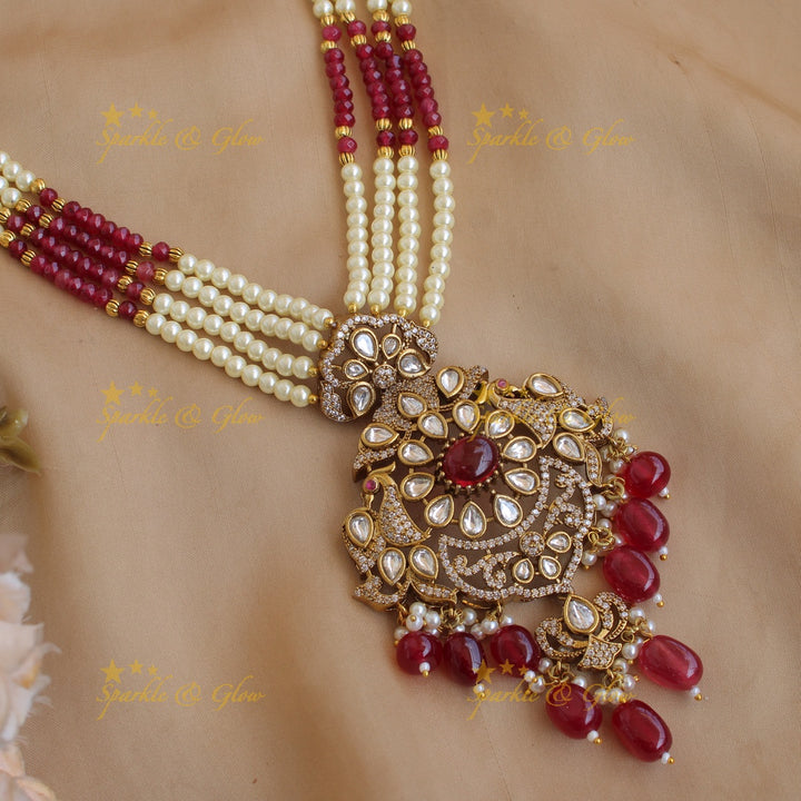Stunning Floral peacock pendant Victorian AD haram with multi layer pearl and red beads chain - red