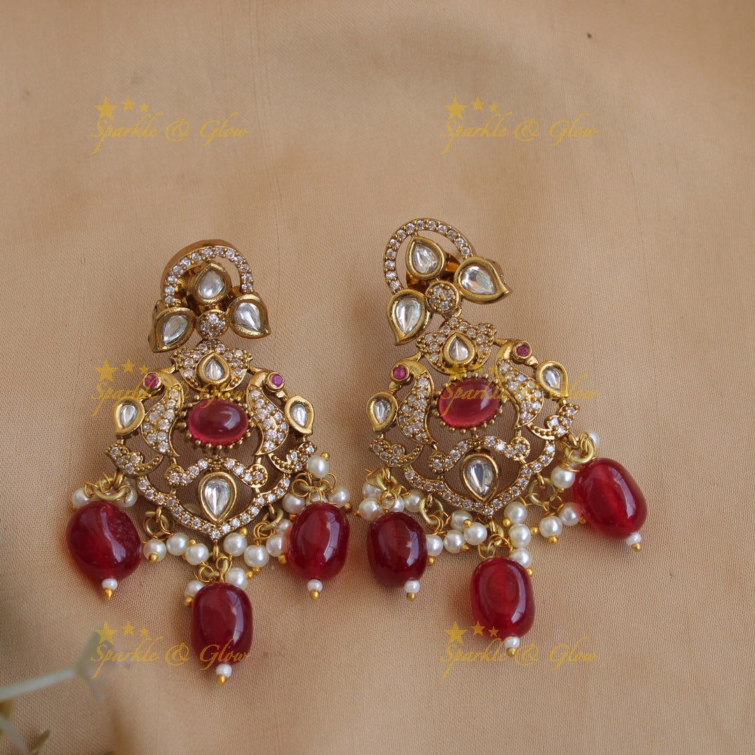 Stunning Floral peacock pendant Victorian AD haram with multi layer pearl and red beads chain - red