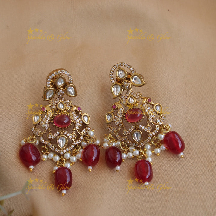 Stunning Floral peacock pendant Victorian AD haram with multi layer pearl and red beads chain - red
