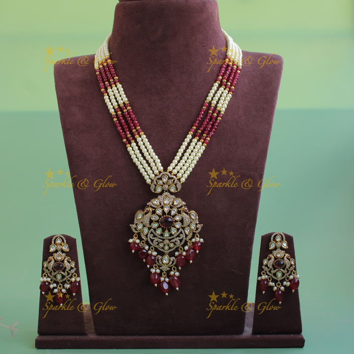 Stunning Floral peacock pendant Victorian AD haram with multi layer pearl and red beads chain - red
