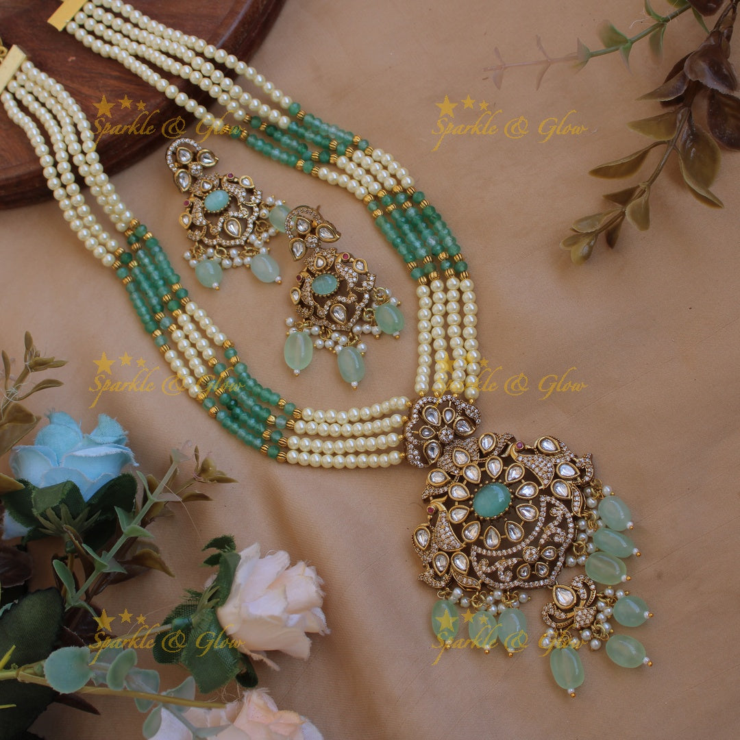 Stunning Floral peacock pendant Victorian AD haram with multi layer pearl and mint green beads chain - mint green