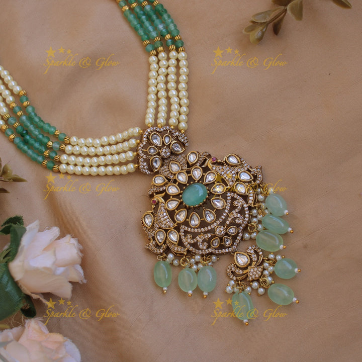 Stunning Floral peacock pendant Victorian AD haram with multi layer pearl and mint green beads chain - mint green