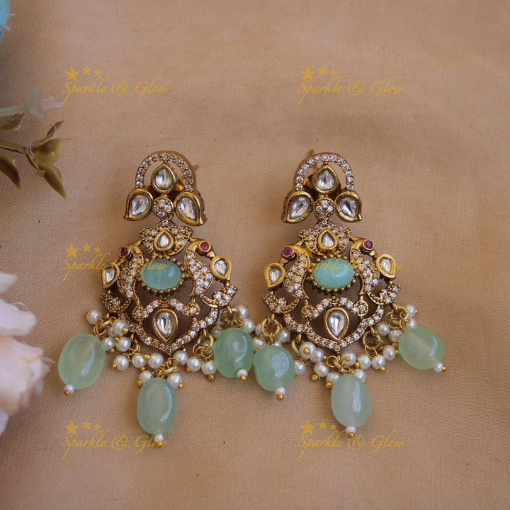 Stunning Floral peacock pendant Victorian AD haram with multi layer pearl and mint green beads chain - mint green
