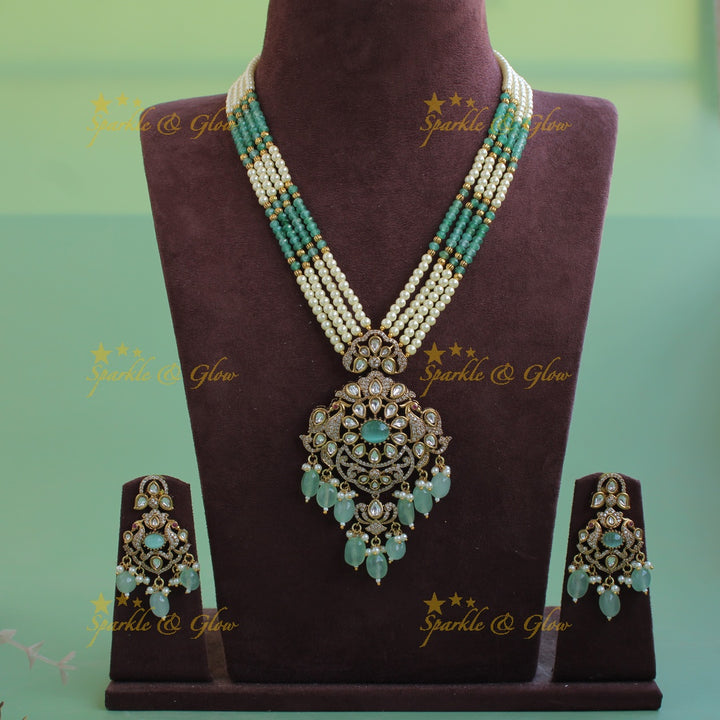 Stunning Floral peacock pendant Victorian AD haram with multi layer pearl and mint green beads chain - mint green