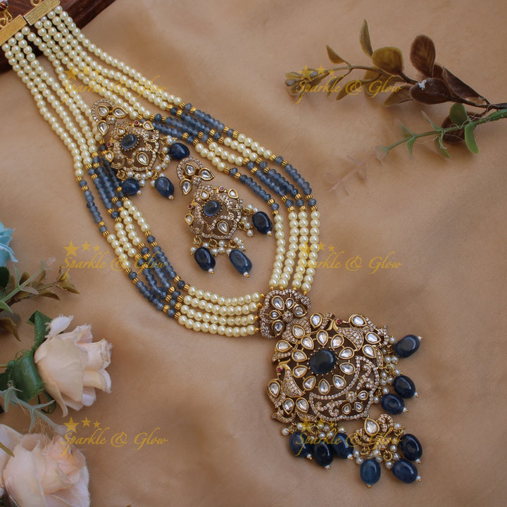 Stunning Floral peacock pendant Victorian AD haram with multi layer pearl and mint green beads chain - mint green
