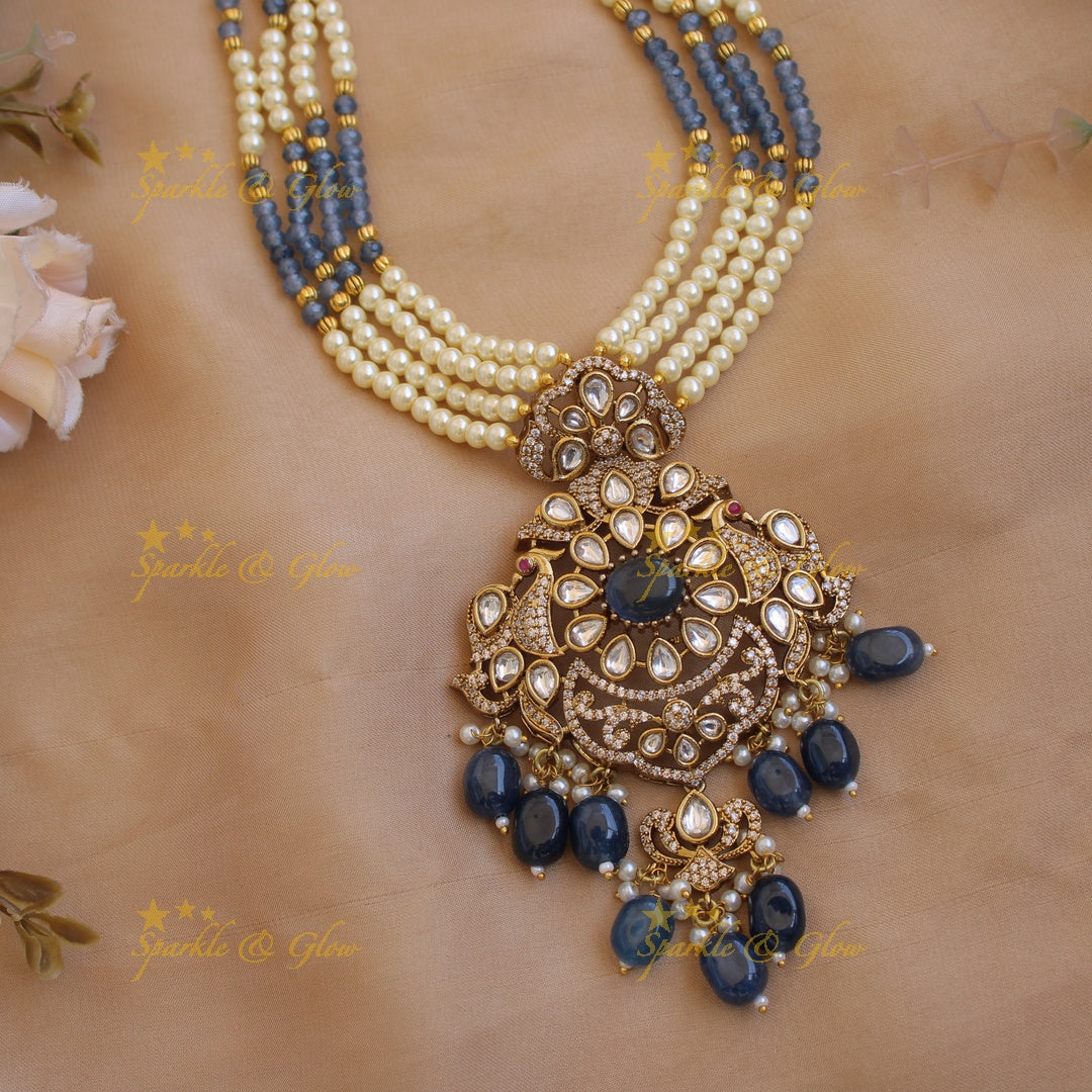 Stunning Floral peacock pendant Victorian AD haram with multi layer pearl and blue beads chain - blue