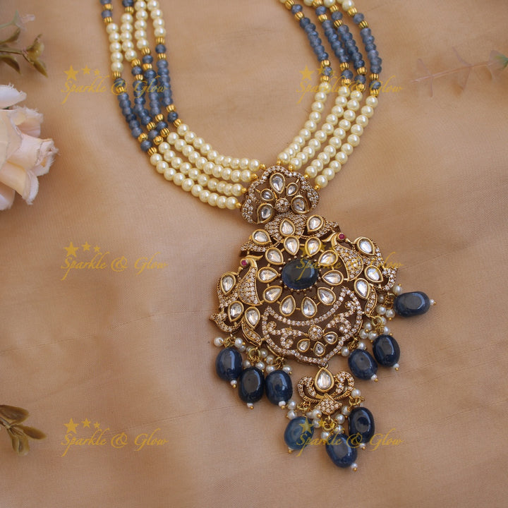 Stunning Floral peacock pendant Victorian AD haram with multi layer pearl and blue beads chain - blue