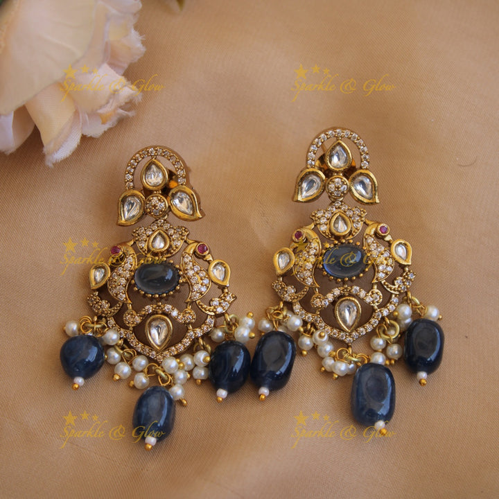 Stunning Floral peacock pendant Victorian AD haram with multi layer pearl and blue beads chain - blue