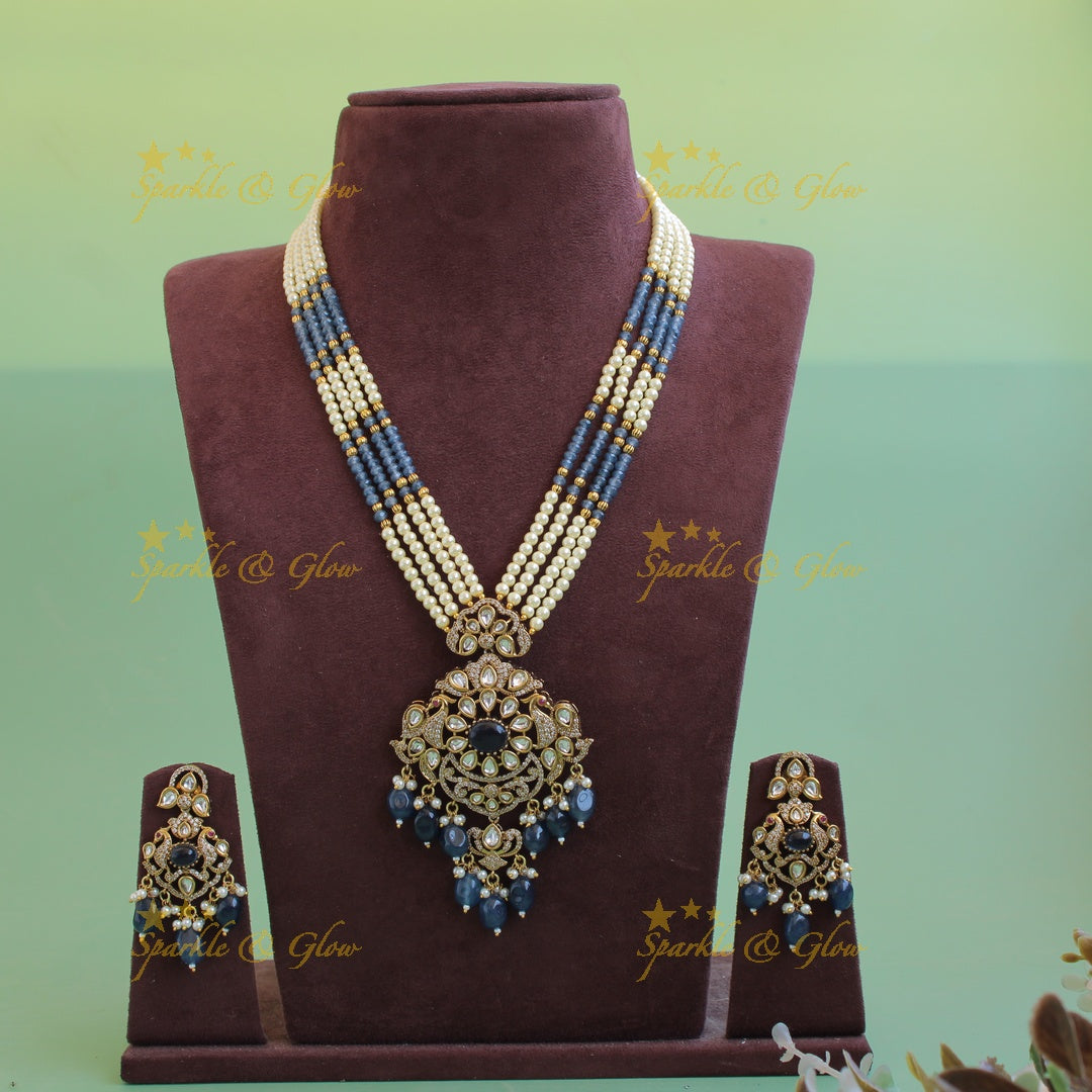 Stunning Floral peacock pendant Victorian AD haram with multi layer pearl and blue beads chain - blue