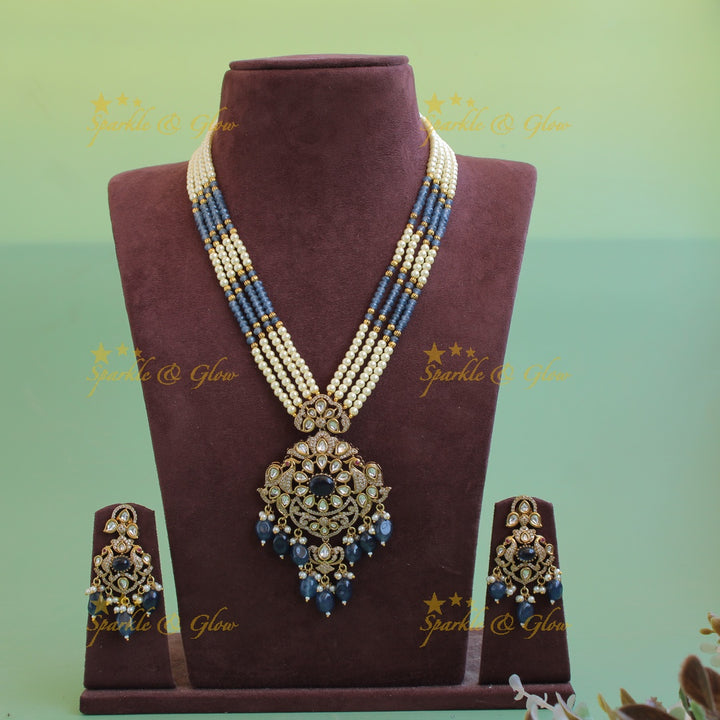 Stunning Floral peacock pendant Victorian AD haram with multi layer pearl and blue beads chain - blue