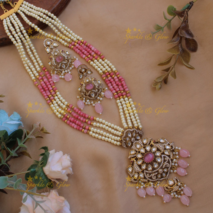 Stunning Floral peacock pendant Victorian AD haram with multi layer pearl and red beads chain - red