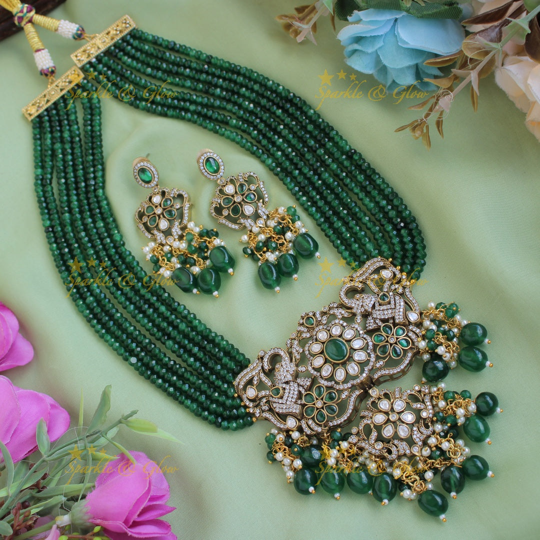 Gorgeous Elephant floral design pendant Victorian AD haram with multi layer beads chain - red