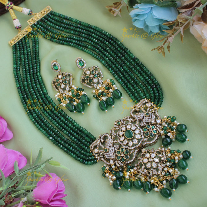 Gorgeous Elephant floral design pendant Victorian AD haram with multi layer beads chain - red