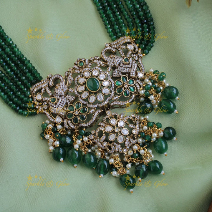 Gorgeous Elephant floral design pendant Victorian AD haram with multi layer beads chain - Sparkle and Glow - Back Thread - 