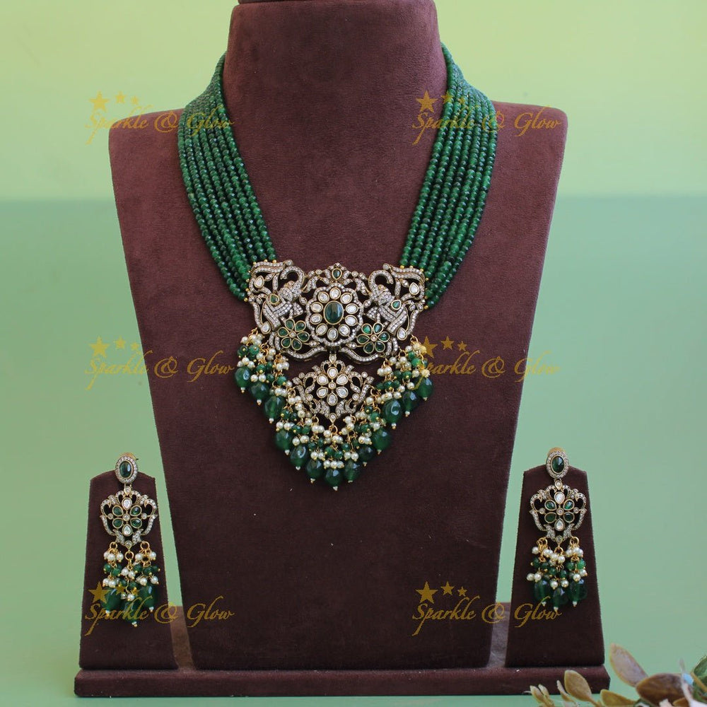 Gorgeous Elephant floral design pendant Victorian AD haram with multi layer beads chain - Sparkle and Glow - Back Thread - 