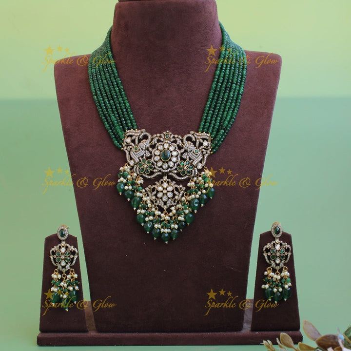 Gorgeous Elephant floral design pendant Victorian AD haram with multi layer beads chain - Sparkle and Glow - Back Thread - 