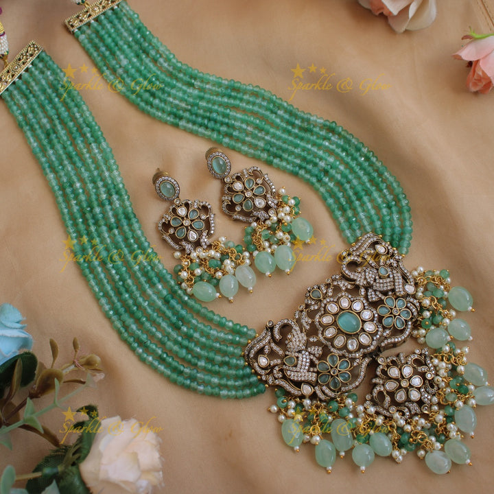 Gorgeous Elephant floral design pendant Victorian AD haram with multi layer beads chain - purple