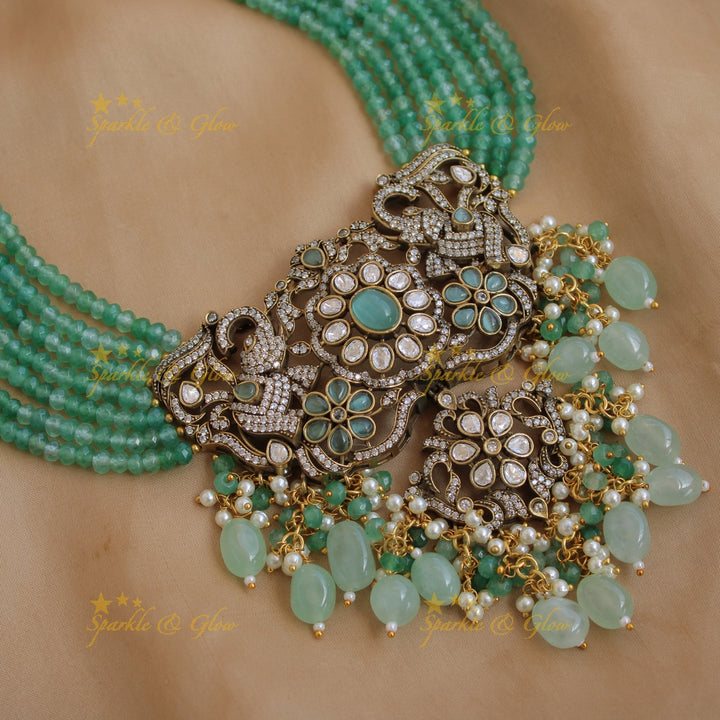 Gorgeous Elephant floral design pendant Victorian AD haram with multi layer beads chain - mint green