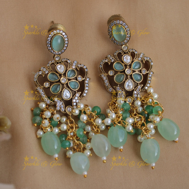 Gorgeous Elephant floral design pendant Victorian AD haram with multi layer beads chain - mint green