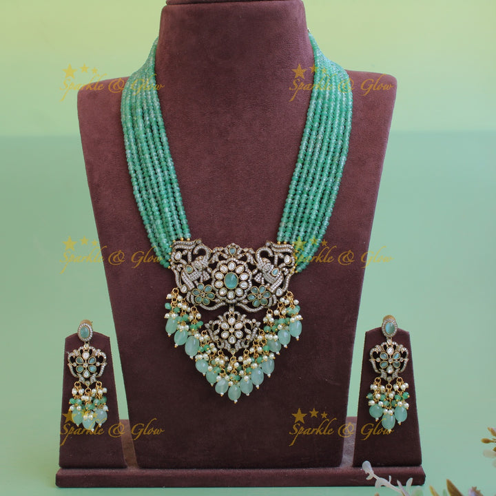 Gorgeous Elephant floral design pendant Victorian AD haram with multi layer beads chain - mint green