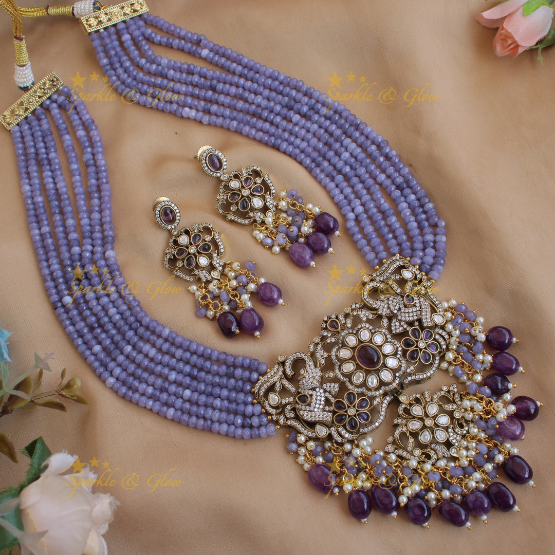 Gorgeous Elephant floral design pendant Victorian AD haram with multi layer beads chain - purple
