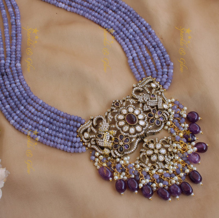 Gorgeous Elephant floral design pendant Victorian AD haram with multi layer beads chain - purple