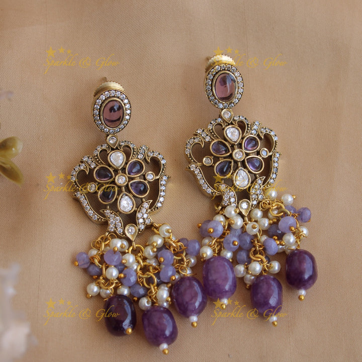 Gorgeous Elephant floral design pendant Victorian AD haram with multi layer beads chain - purple