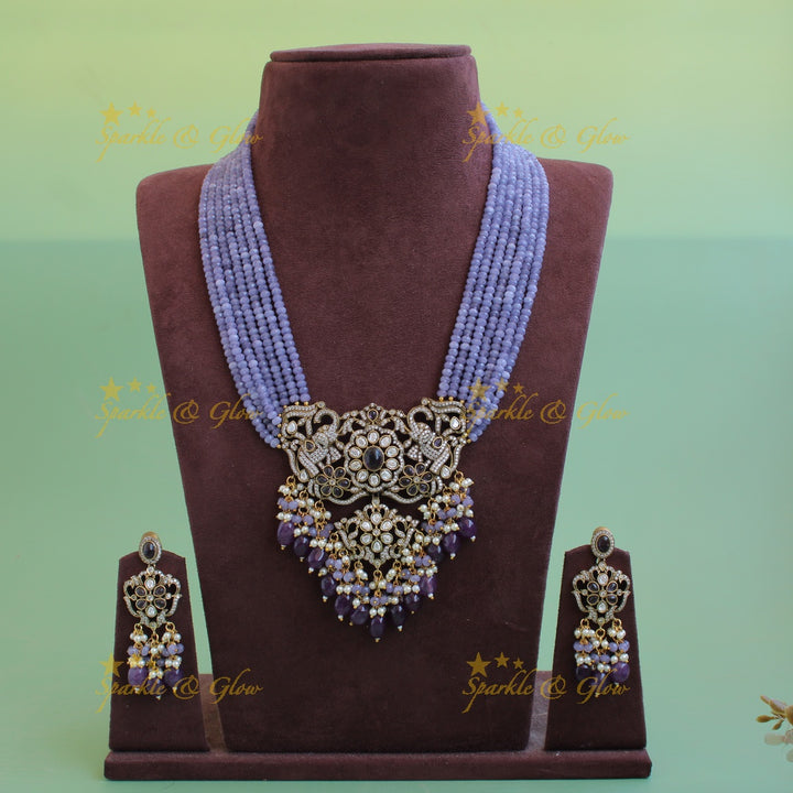 Gorgeous Elephant floral design pendant Victorian AD haram with multi layer beads chain - purple
