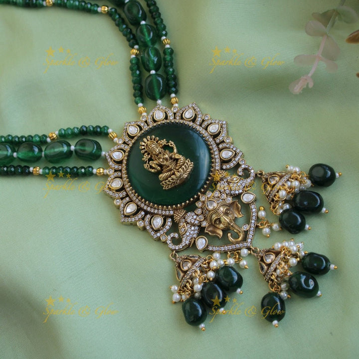 Lakshmi Ganeha carved stone pendant Victorian AD haram with multi layer beads chain and jhumuka drops - Sparkle and Glow - Back Thread - 