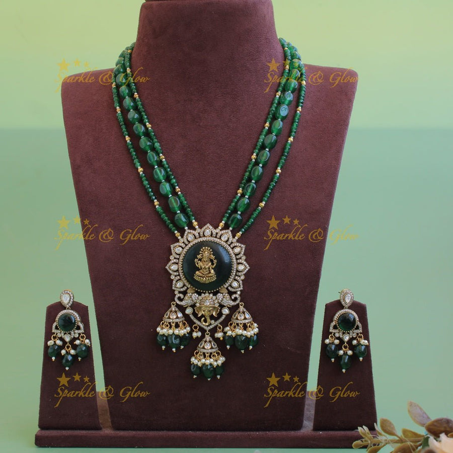 Lakshmi Ganeha carved stone pendant Victorian AD haram with multi layer beads chain and jhumuka drops - Sparkle and Glow - Back Thread - 