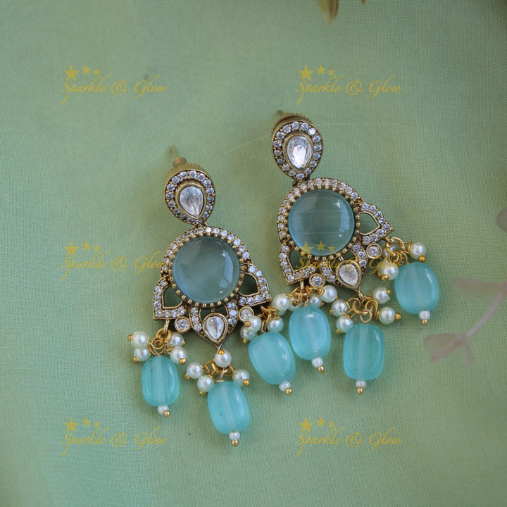 Lakshmi Ganeha carved stone pendant Victorian AD haram with multi layer beads chain and jhumuka drops - sea blue