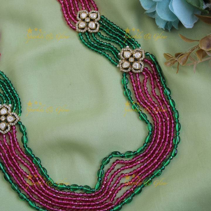 Floral design Victorian AD haram with multi layer pink and green beads chain