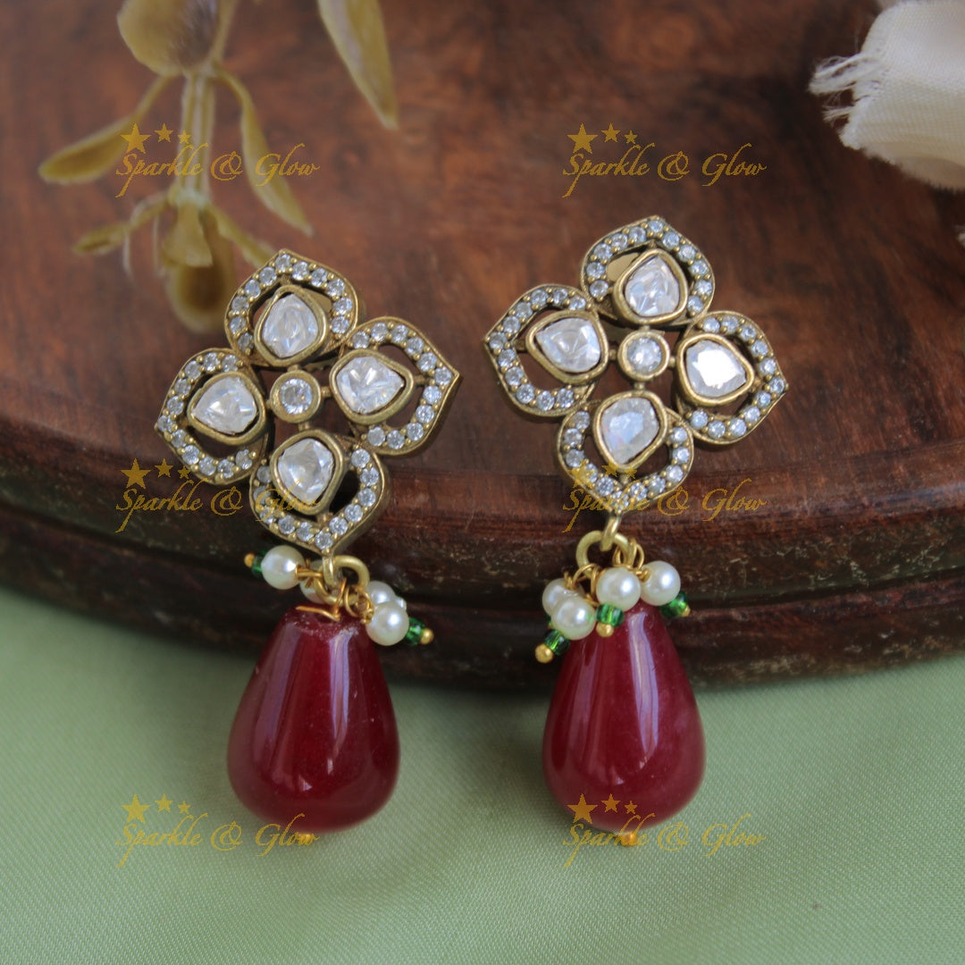 Floral design Victorian AD haram with multi layer pink and green beads chain