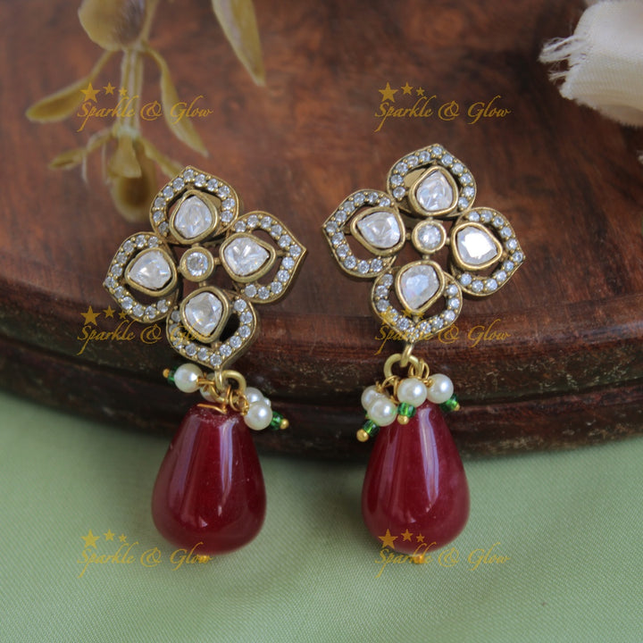 Floral design Victorian AD haram with multi layer pink and green beads chain