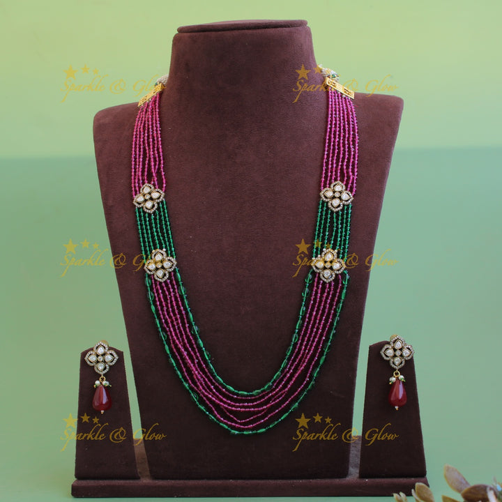 Floral design Victorian AD haram with multi layer pink and green beads chain