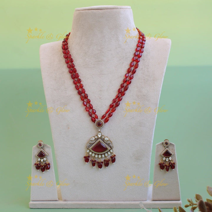Parrot and triangle stone pendant Victorian AD haram with two layer beads chain - Sparkle and Glow - Back Thread - 