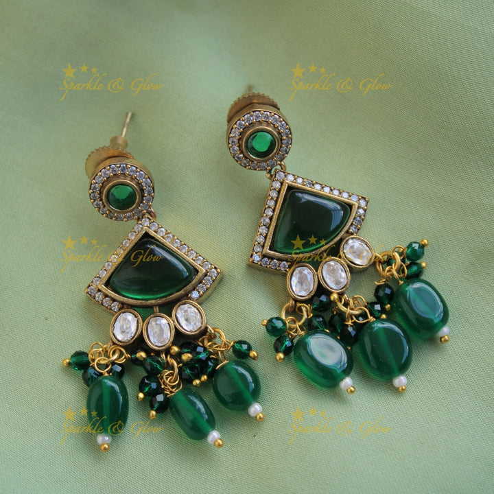 Parrot and triangle stone pendant Victorian AD haram with two layer beads chain - green