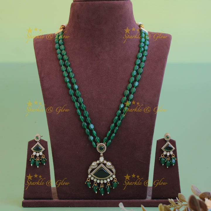 Parrot and triangle stone pendant Victorian AD haram with two layer beads chain - green