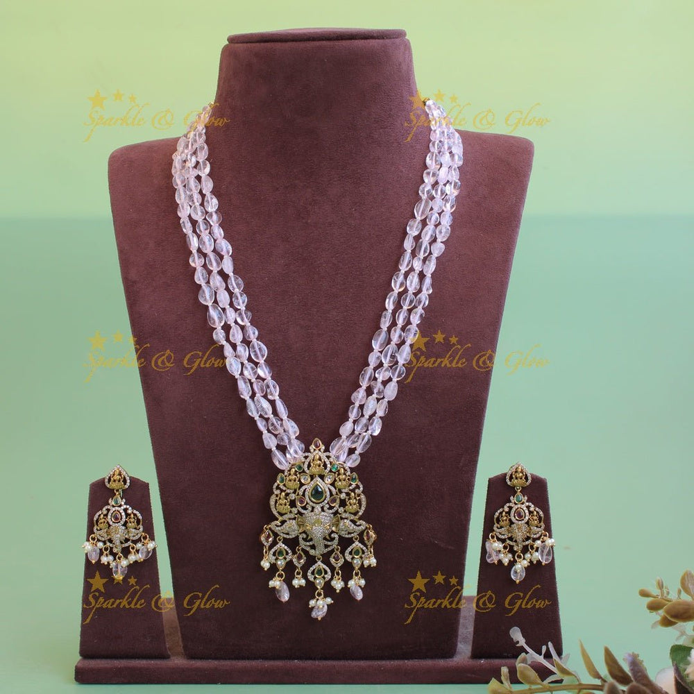 Beautiful Lakshmi Ganesha pendant Victorian AD haram with multi layer beads chain - Sparkle and Glow - Back Thread - 