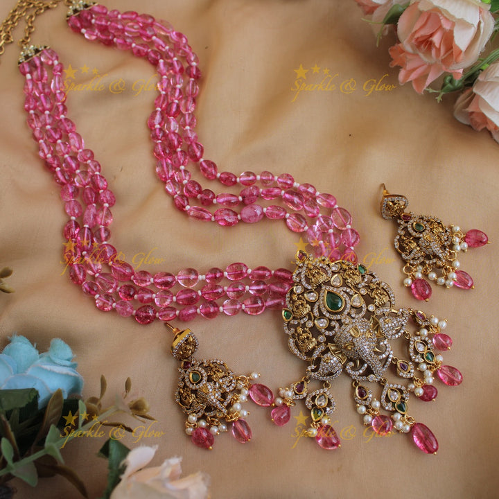 Beautiful Lakshmi Ganesha pendant Victorian AD haram with multi layer beads chain - mint green