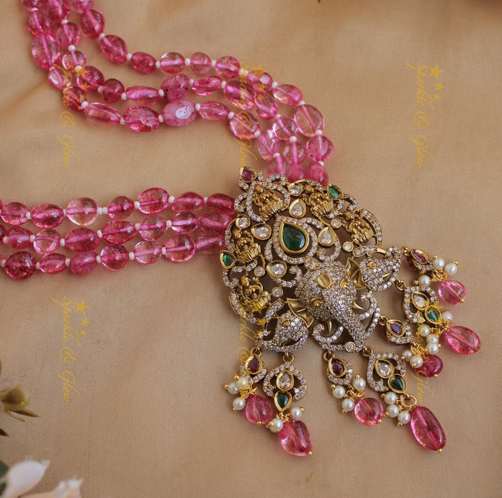 Beautiful Lakshmi Ganesha pendant Victorian AD haram with multi layer beads chain - pink