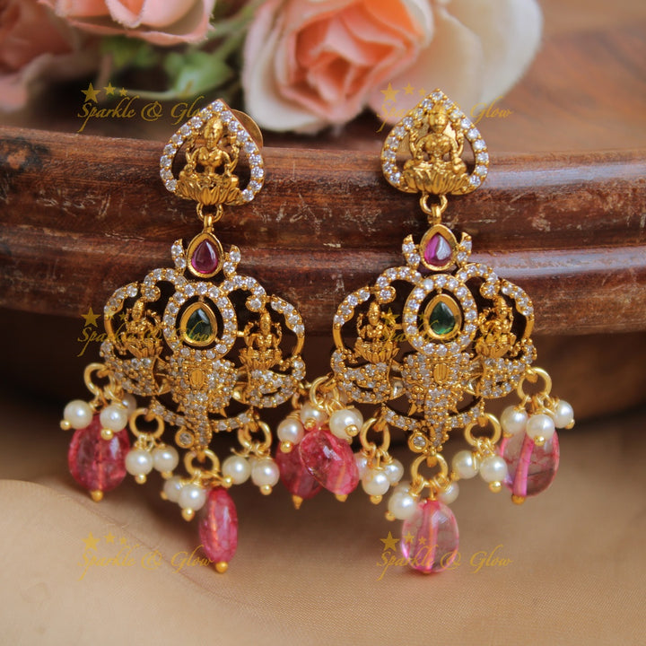 Beautiful Lakshmi Ganesha pendant Victorian AD haram with multi layer beads chain - pink