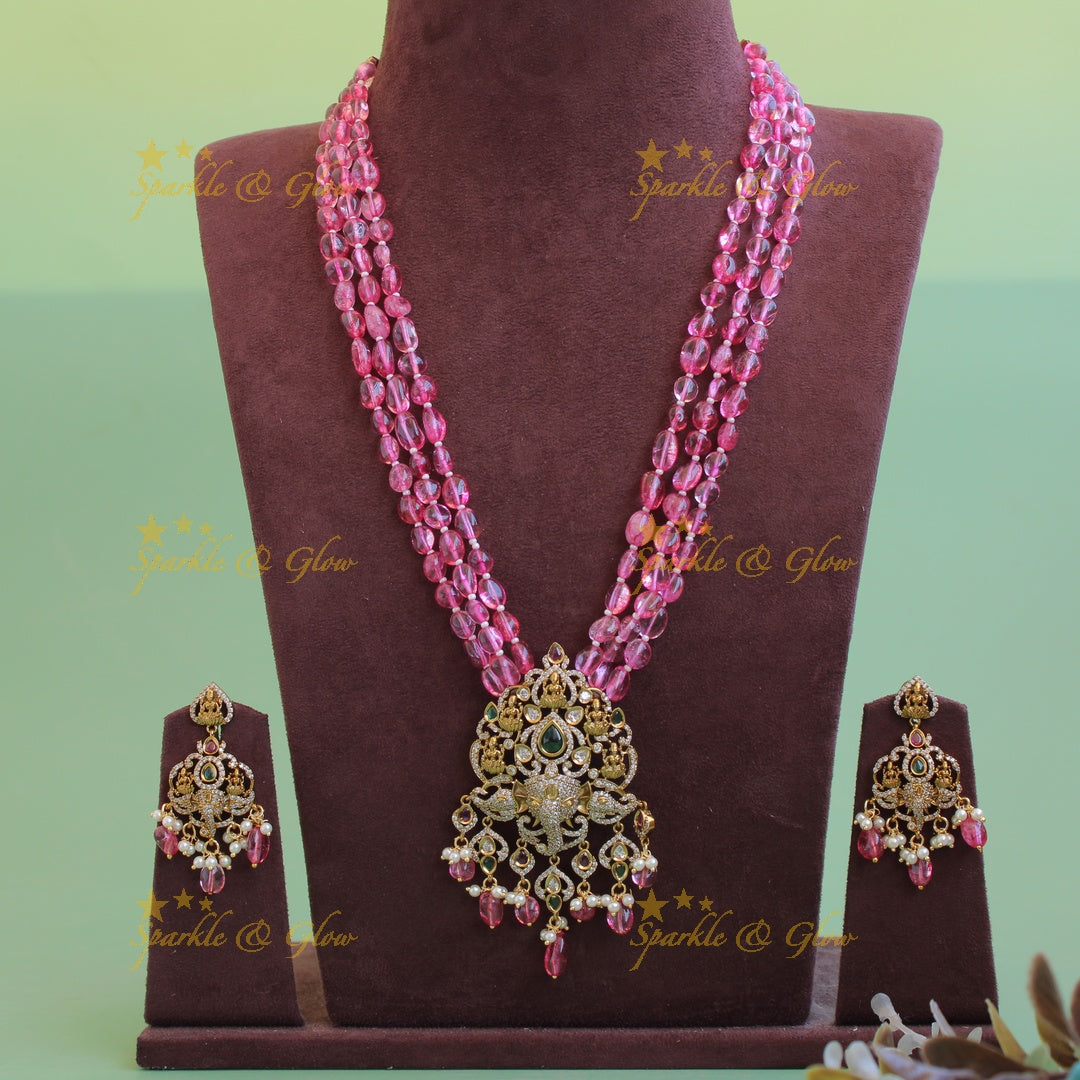 Beautiful Lakshmi Ganesha pendant Victorian AD haram with multi layer beads chain - pink