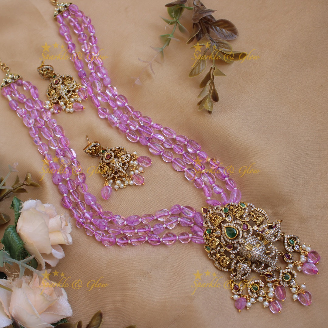 Beautiful Lakshmi Ganesha pendant Victorian AD haram with multi layer beads chain - purple