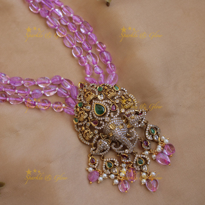 Beautiful Lakshmi Ganesha pendant Victorian AD haram with multi layer beads chain - purple