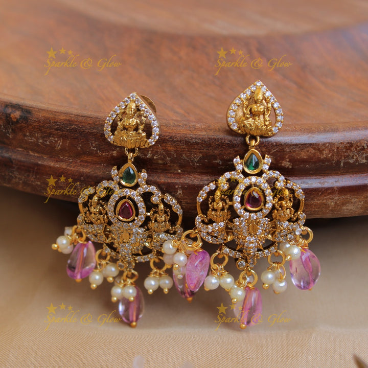 Beautiful Lakshmi Ganesha pendant Victorian AD haram with multi layer beads chain - purple