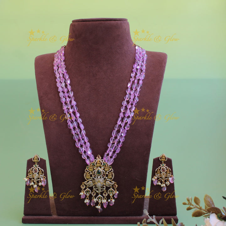 Beautiful Lakshmi Ganesha pendant Victorian AD haram with multi layer beads chain - purple