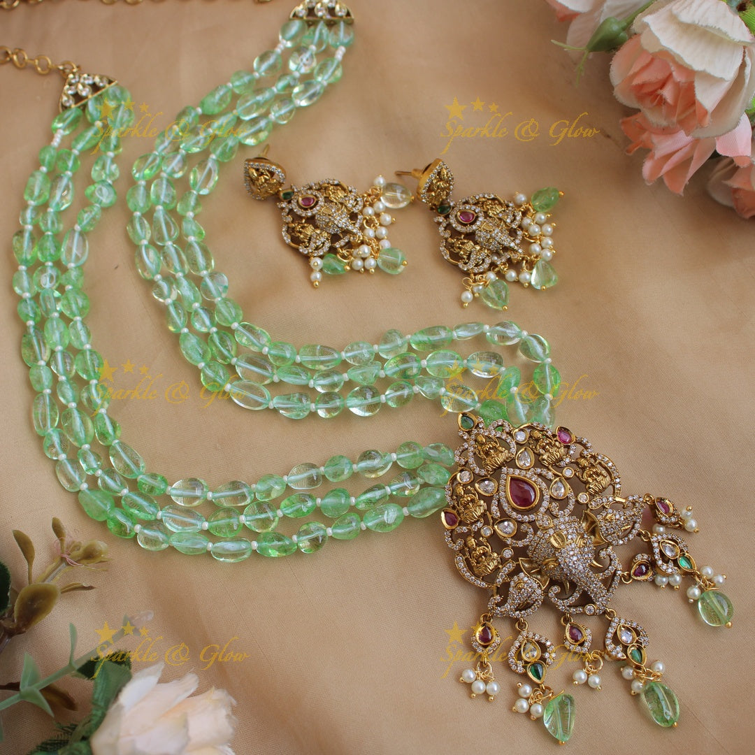 Beautiful Lakshmi Ganesha pendant Victorian AD haram with multi layer beads chain - pink