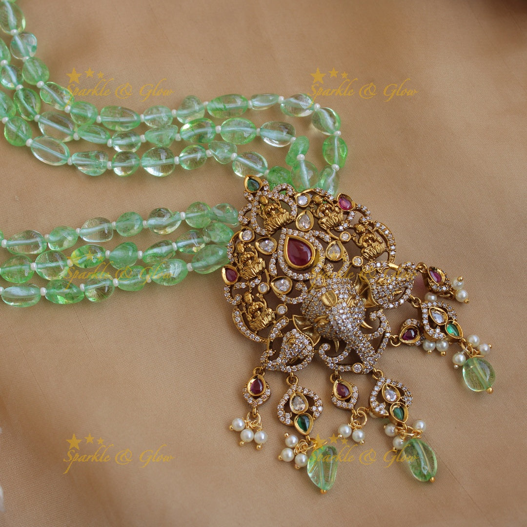 Beautiful Lakshmi Ganesha pendant Victorian AD haram with multi layer beads chain - mint green