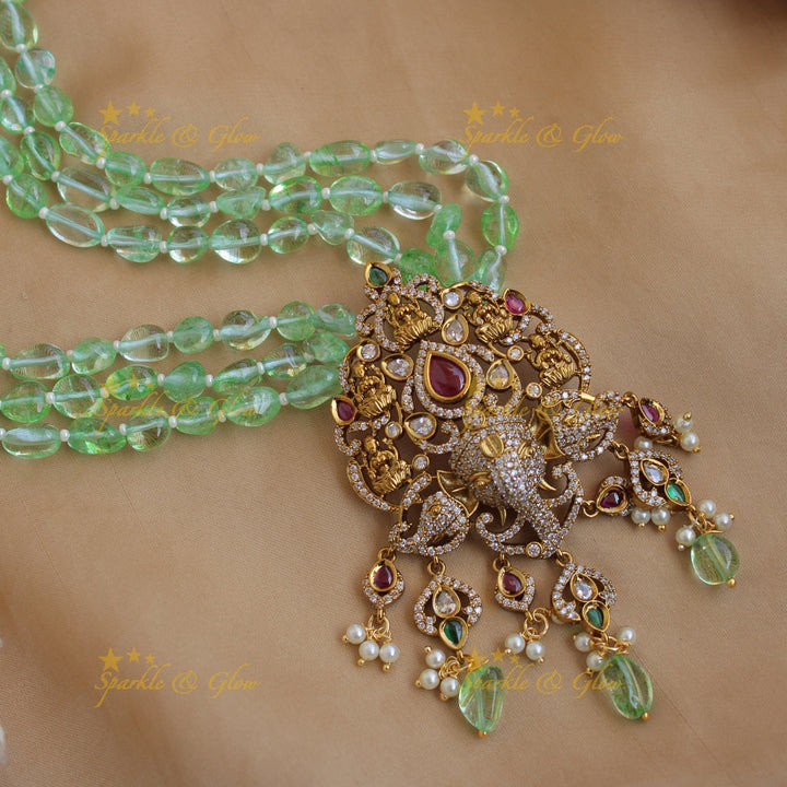 Beautiful Lakshmi Ganesha pendant Victorian AD haram with multi layer beads chain - mint green